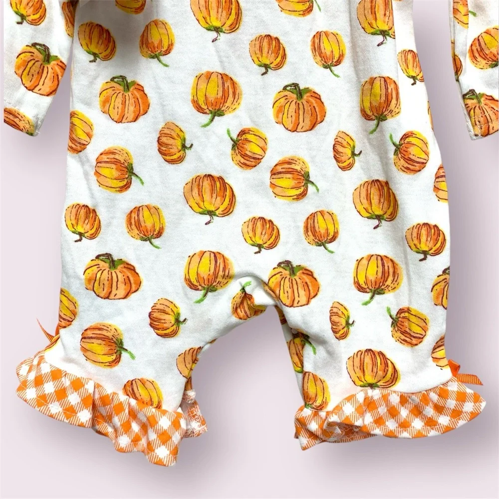 Fall Pumpkin Plaid Ruffle Romper 3 Months Thanksgiving One Piece Outfit NWT‎